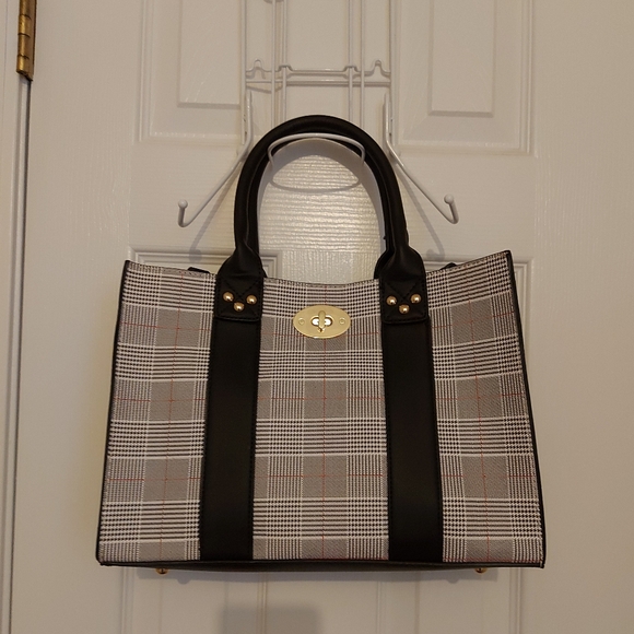 Handbags - Black & White Plaid Design Handbag